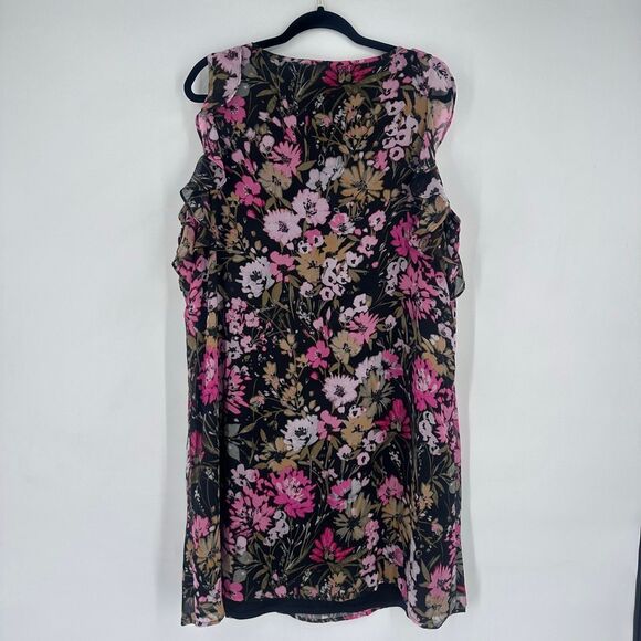 Tacera XL Black Pink Floral Ruffle Shift Dress Sleeveless Wedding Guest Feminine - Picture 8 of 12